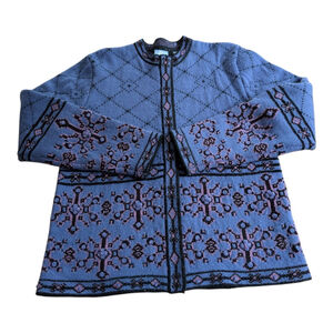 Vtg FROST Wool Blend Full Zip Nordic Cardigan Sweater 3D Knit Blue Size Small